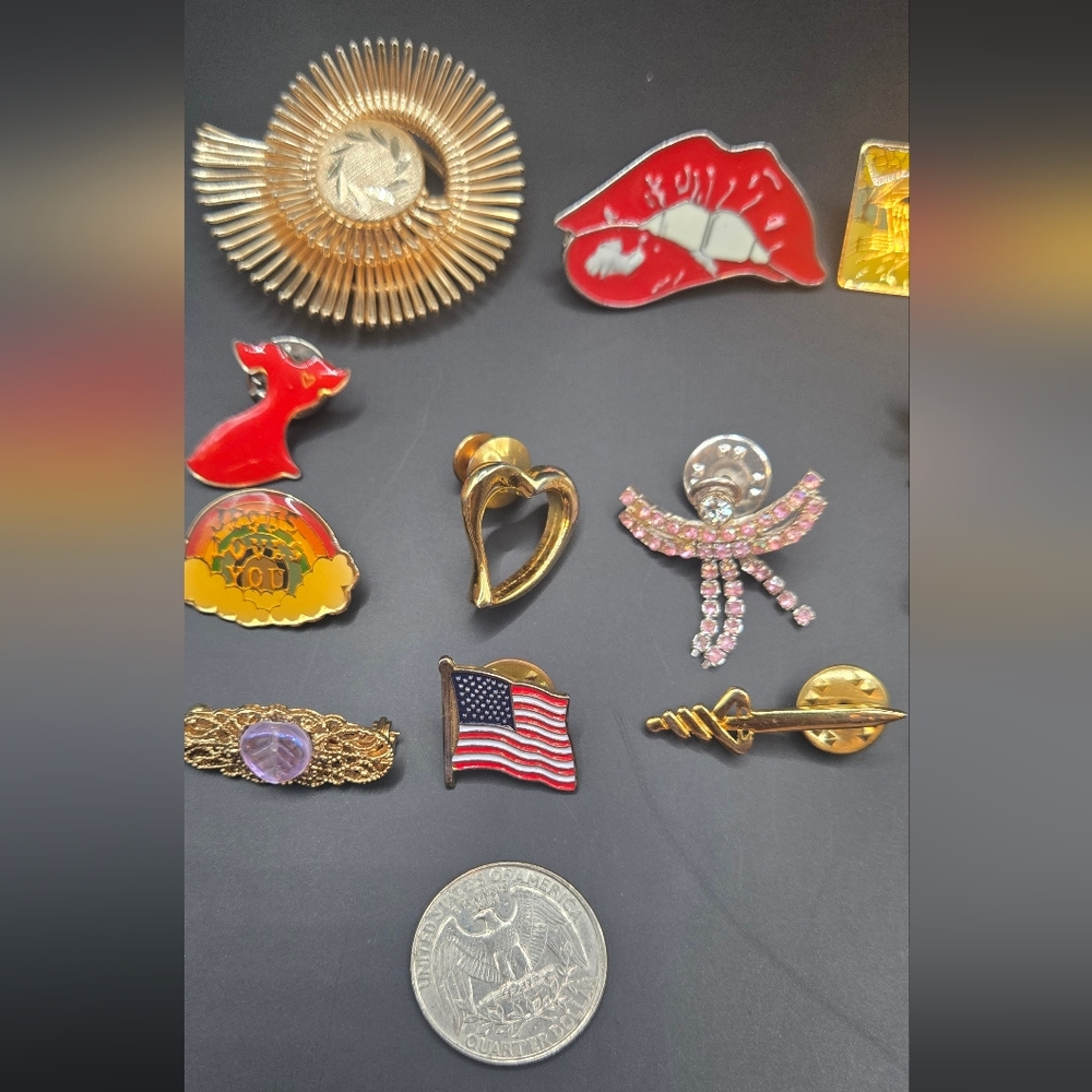 Mixed Vintage Gold Tone Enamel Pin Collection with Red & Pink Accents - Picture 5 of 5